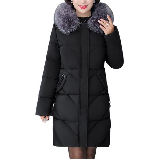 Winter Women Cotton Jacket with Furry Hood Neck Protection Plus Size Pockets Mid Length Zipper Closure Padded Coat Solid Color Windproof Outwear Parka