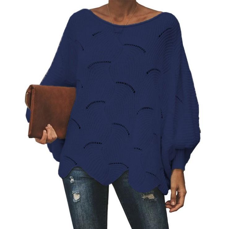 Women's Solid Color Round Neck Loose Large Size Thin Cutout Long-Sleeved Sweater Top