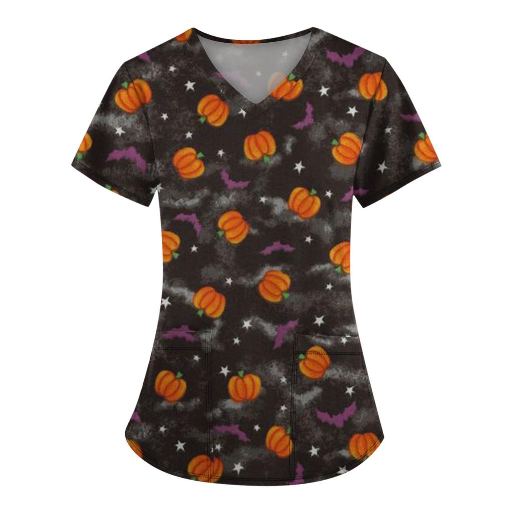 Женская модная футболка с коротким рукавом и v-образным вырезом с карманом на Хэллоуин