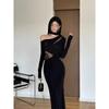 Banquet Evening Dress Black Dress Spring Dress New Retro Off-the-shoulder Lace Splicing Slim Dress Casual