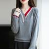 Autumn Winter Casual Fashion Striped Patchwork V-neck Sweater Women Pullover All-match Bottomed Knitting Top