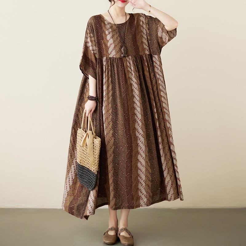 GMXIA Plus-size Women's Summer Chinese Style Flower Print Retro Artsy Dress Fat MM Skirt