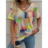 Summer V-neck 3D Colorful Geometric Pattern Printed Top Fashionable Casual Short Sleeved Women's T-shirts