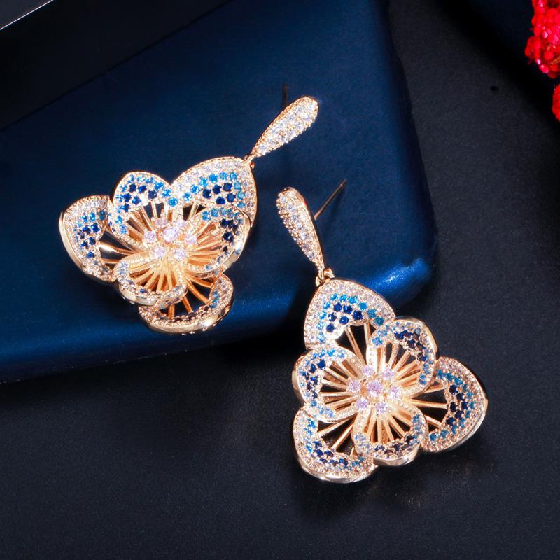 CMM Gorgeous Gold Color Zirconia Flower Hollow Carved Drop Earrings