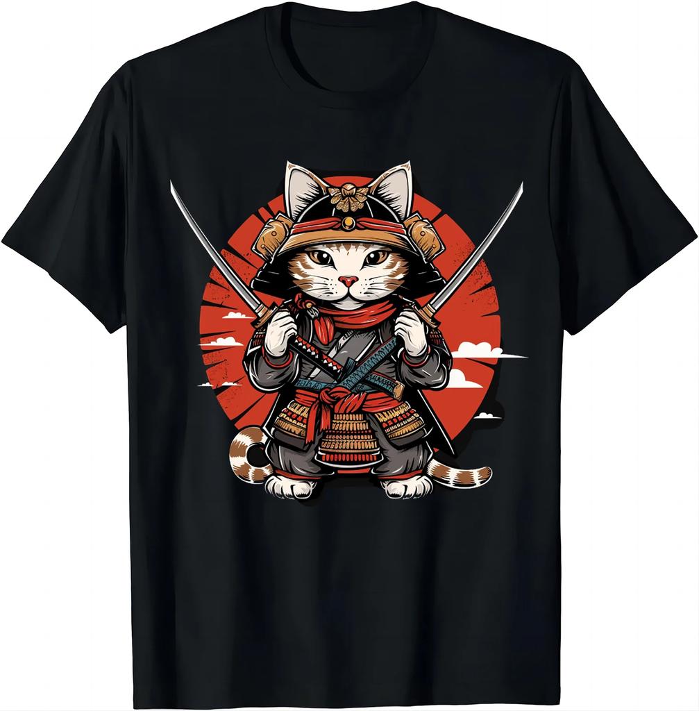 Japanese Samurai Cat Tattoo Kawaii Ninja Cat T-shirt Street Cool Casual Wear Women's Clothing Top Camisetas