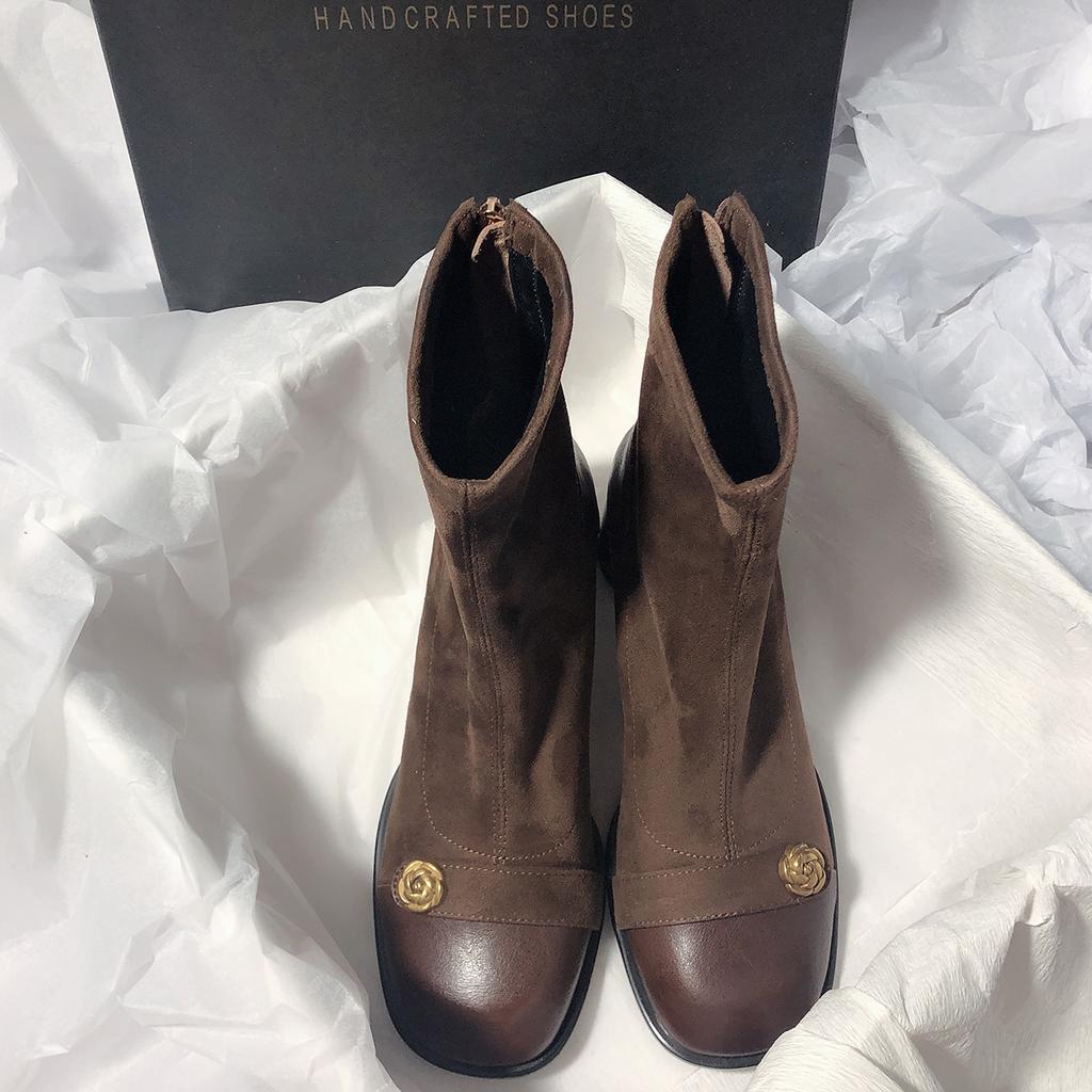 Short Tube Thick Heel Round Head Splicing Elastic High Heel Rear Zipper Women's Boots