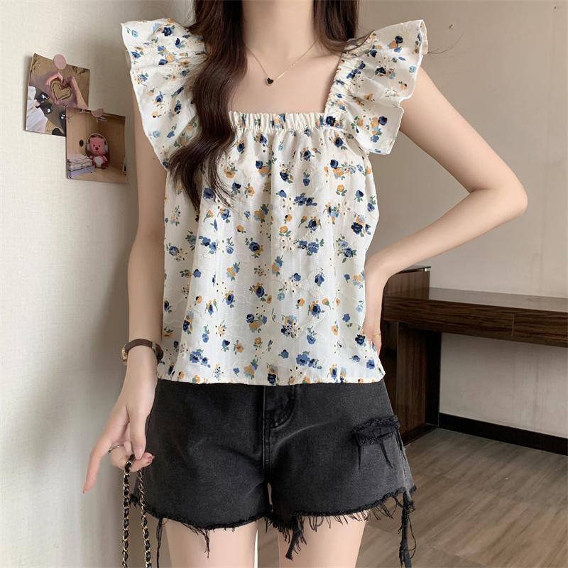 Summer New Loose Print Floral Casual Blouses Women Slim Fit Square Collar Flying Sleeve Women's Shirts Tops Elegant Vintage Female Clothing 26129