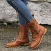 Retro Autumn/Winter Women's Western Cowboy Boots Lace Up Solid Color Side Zipper Low Heel Mid Calf Motorcycle Boot Goth Shoe
