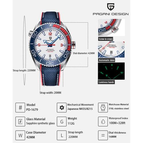 Pagani Design Men's Watch, Made In Japan, Seiko NH35 Movement, Seamaster Automatic, Mechanical, with Case, Waterproof, Stainless Steel, Rubber Strap,