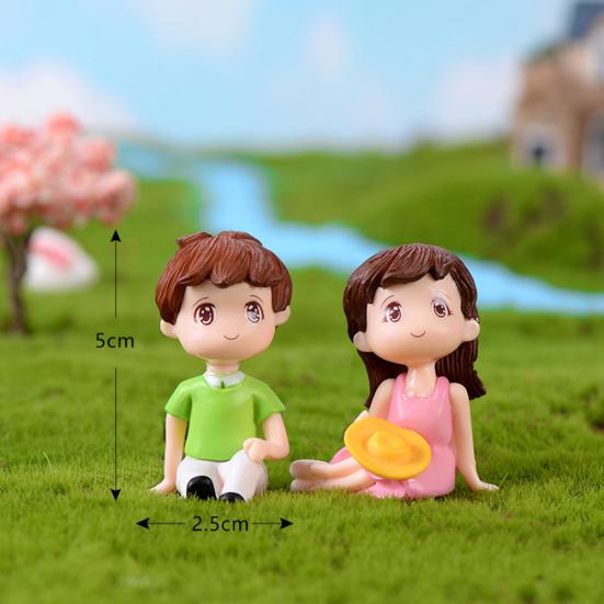 2Pcs Mini Girl Boy Sit Down Look Up Model Figurine Landscape Ornament DIY Decor
