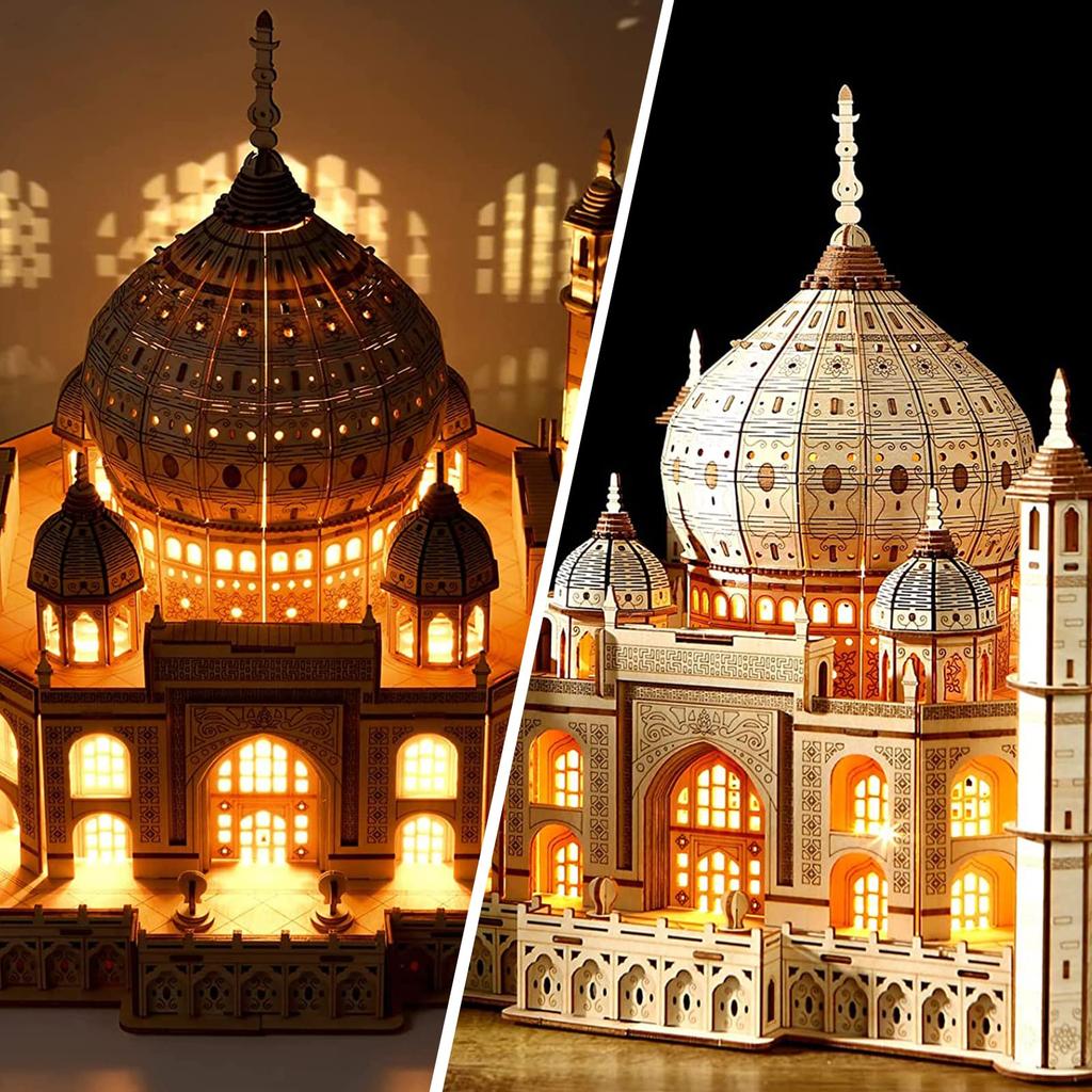 Hallisun 3D Wooden Puzzle Taj Mahal Wooden Model with LED Light India Building Building 3D Puzzle Craft Handicraft DIY Mechanical Assembly Kit for