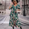 Autumn Winter Women Long Sleeve Print Elegant V-neck Chiffon A-Line Knee Length High Waist Dress