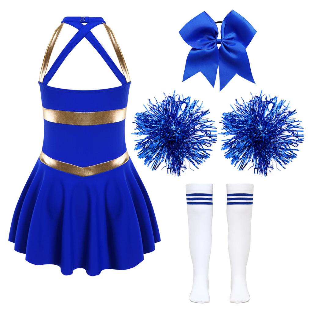 Cheer Leader Halloween Costume for Girls Sleeveless Tank  Dress Outfit with Pom Poms for Cheerleading Dancing