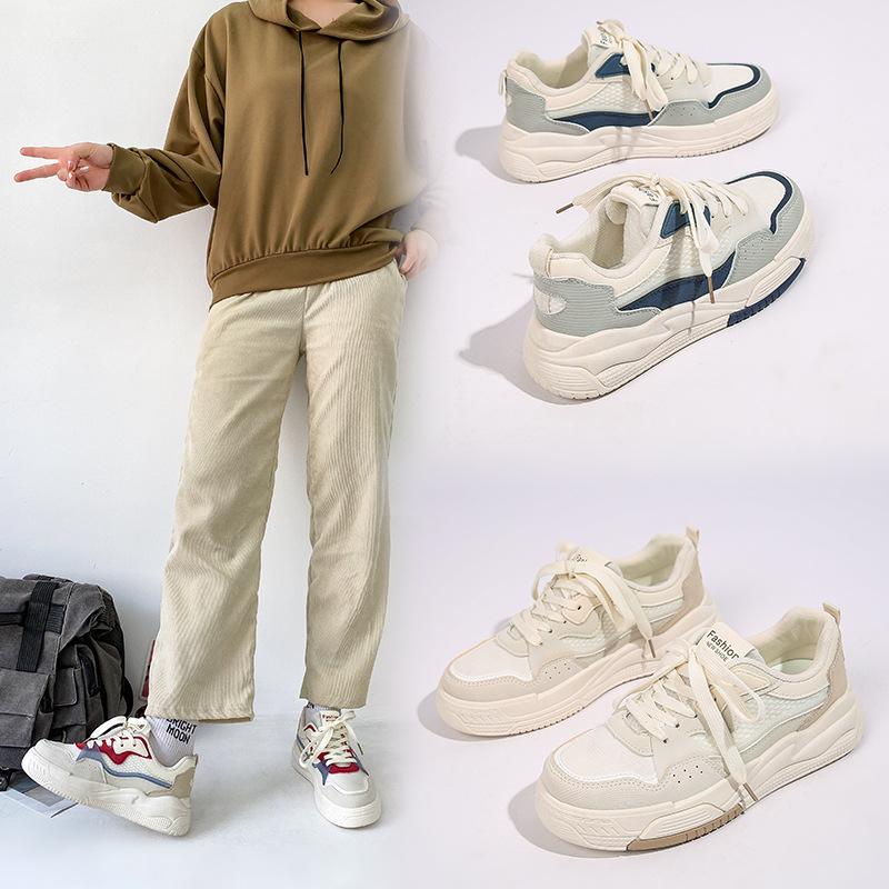 Fashion Women's White Shoes Classic Cross Lace-up Skateboard Shoes Womens Casual Breathable Flat-bottomed Patchwork Student Single Shoes