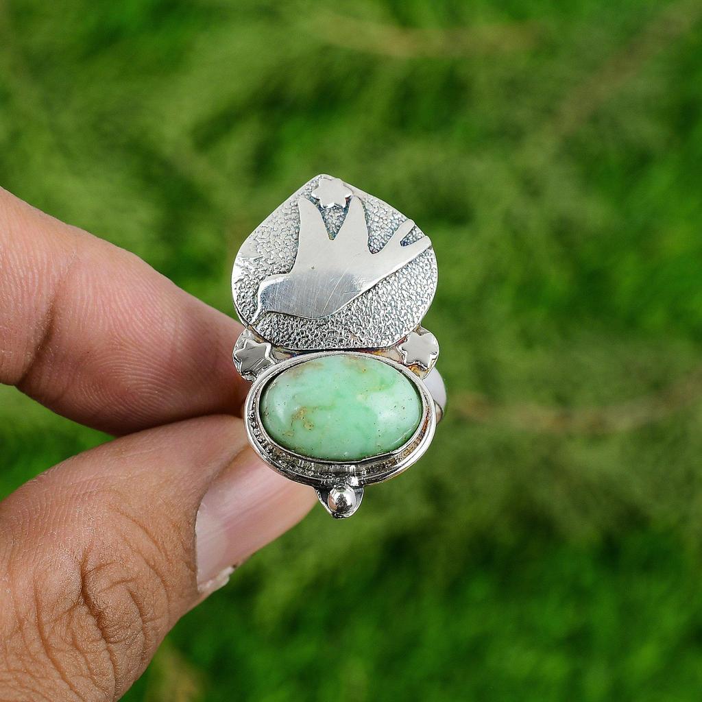 Подарок для нее Серебряное кольцо 925 пробы с натуральным хризопразом и мультикамнями в виде птицы, регулируемое