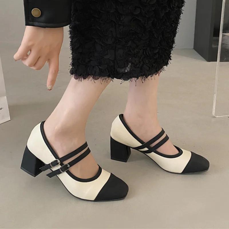 Women's Shoes 2024 Hot Sale Mary Janes Buckle Strap Women's High Heels Elegant Pointed Toe Color Matching Shoes Women Zapatos