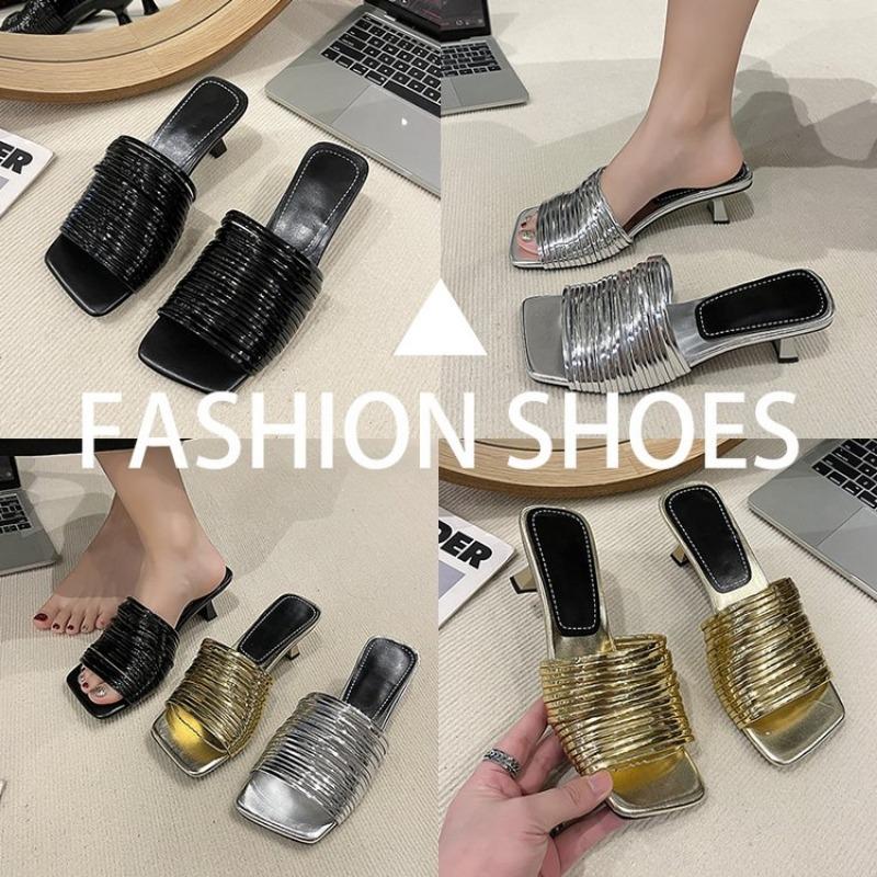 Spring Summer Chunky High Heels Women's Slippers Shiny Rhinestone Square Toe Sandalias Ladies Outdoor Vacation Beach Shoes
