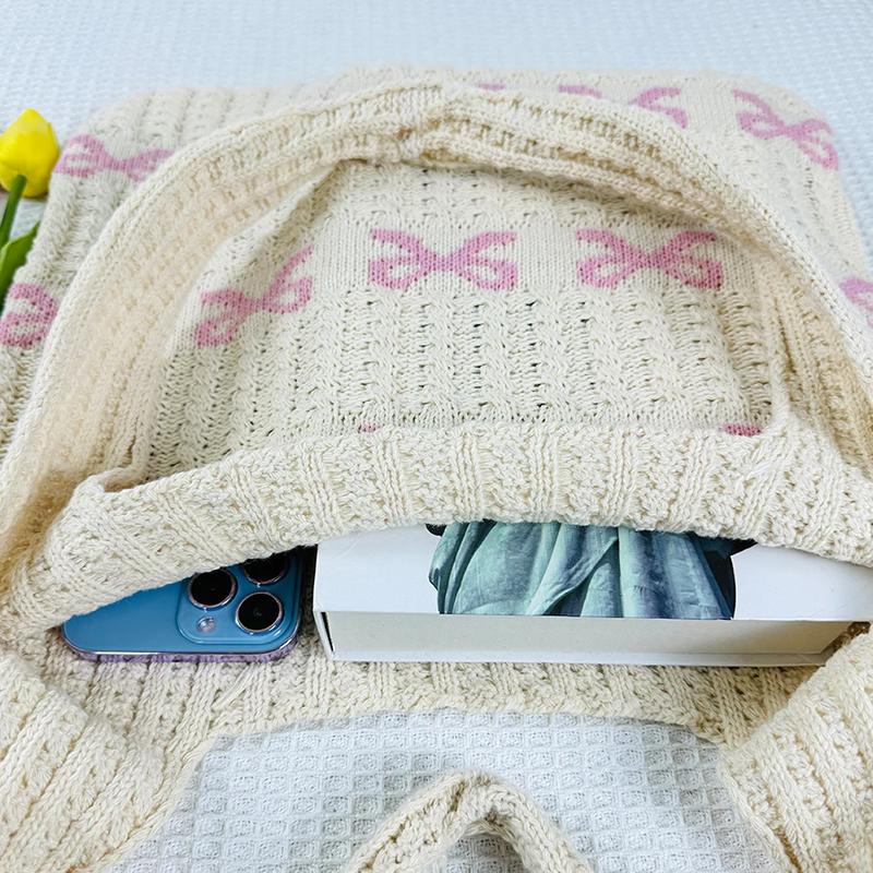 Yogodlns Women's Bow Shoulder Bag Aesthetics Crochet Handbag Purses Knitted Shopping Bag Summer Beach Bag Ladies Woven Tote Bags