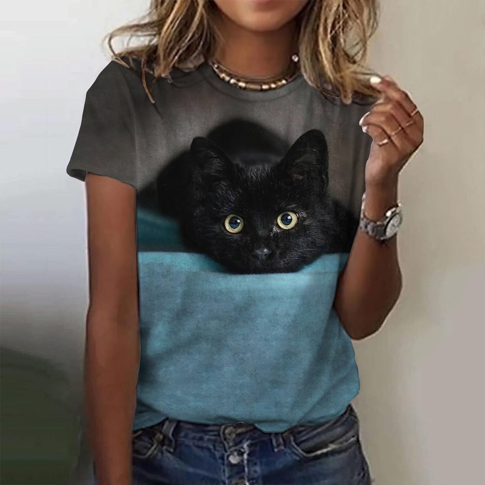 Lovely Cat Print Women O-Neck T-Shirts Kawaii Style Pullover Loose Short Sleeves Oversized Tee Shirt Summer Female Clothing 2024 EMA