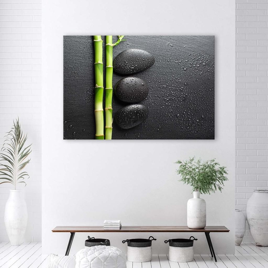 Canvas Print, Bamboo and Zen Stones On Black Background