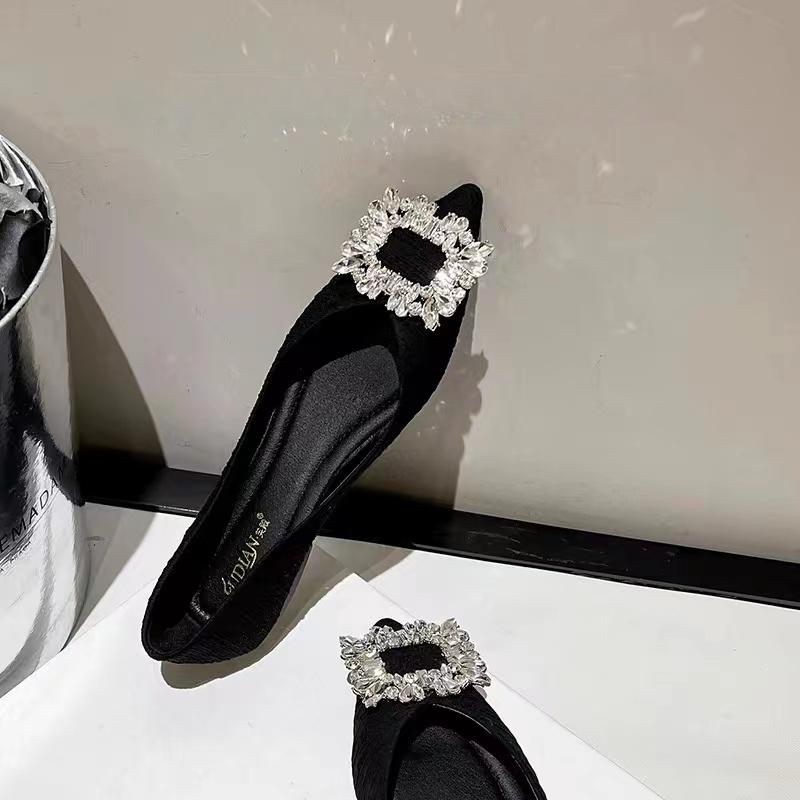 2024 New Banquet Temperament Rhinestone French Flat Shoes Women's Summer Black Pointed Shallow Grandma Shoes Boat Shoes