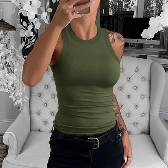 Women Vest Round Neck Sleeveless Elastic Slim Fit Tops Solid Color Sport Camisole