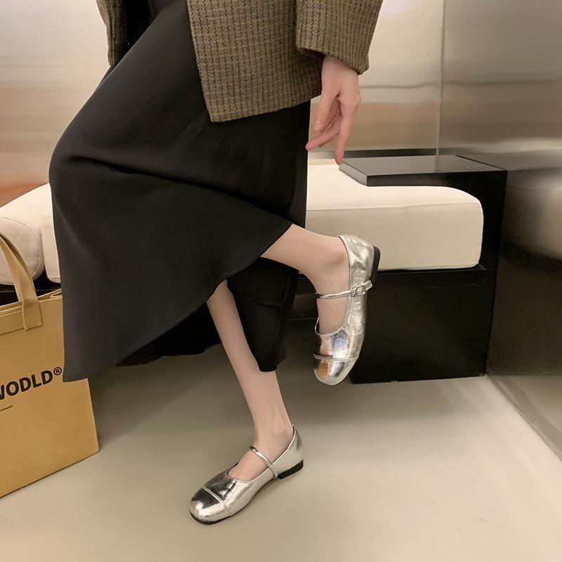 Fashion Retro Silver Mary Jane Flats Shoes Women's Round Toe PU Leather Loafers Flat Shoe Comfort Lightweight Ballet Shoes Women Zapatos