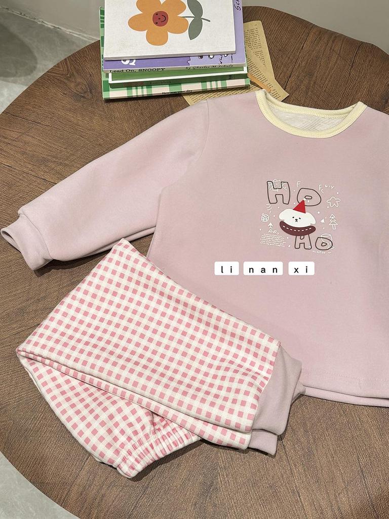 Kids' Cartoon Velvet Silk Wool Home Wear Set - Top and Pants