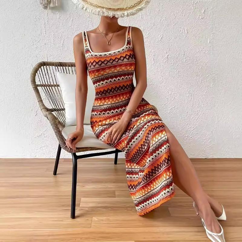 Spring Women's Personality Street Fashion Casual Striped Sleeveless Square Neck Dress