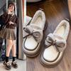 Platform Cotton Shoes Women's 2025 Winter New Bow Loafers Mary Jane British Style Huge Comfortable Velvet Small Leather Shoes