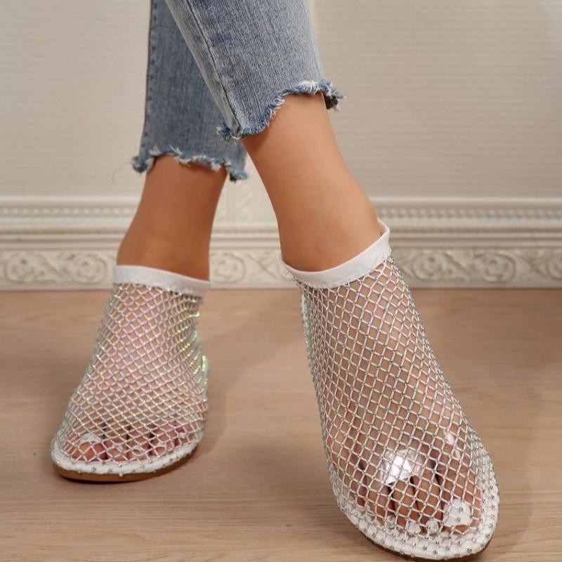 Summer New Large Size Round Head Sandals with Diamonds Short Boots Flat Bottom Hollow Sandals Women