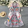 Bohemian Floral Chiffon Summer Dresses for Women 2025 Runway V-Neck Long Lantern Sleeve Sashes Beach Holiday Dressess Boho Robe