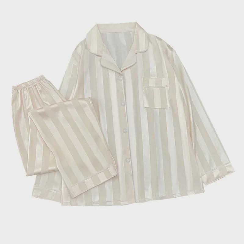 Women's Striped Long-Sleeve Pajamas - Spring/Summer Solid Color