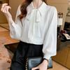 Stylish Autumn White Chiffon Blouse Women Long Sleeve Bubble Sleeve Shirt Elegant Office Lady Fashion Top