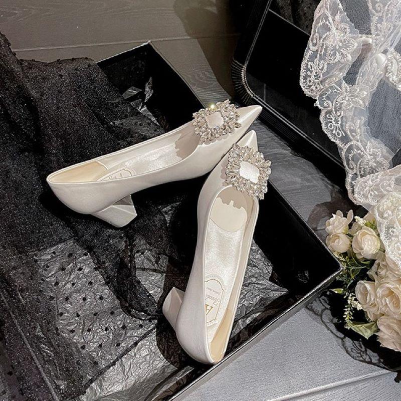 Autumn Fashion Pumps Pointed Toe Square Buckle Rhinestone Satin Women's Medium Heel Shoes Party Wedding Shoes Plus Size
