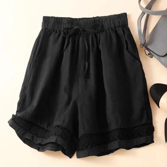 Women's Loose Boho Summer Shorts Drawstring Comfy Elastic Waist Shorts High-Waisted Wide-Leg Hollow Floral Lace Shorts