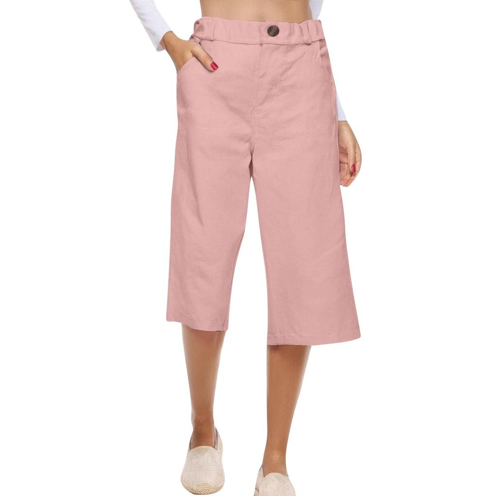 Women's Solid Color Cotton And Linen Fashionable Loose High Waist Cropped Casual Pants