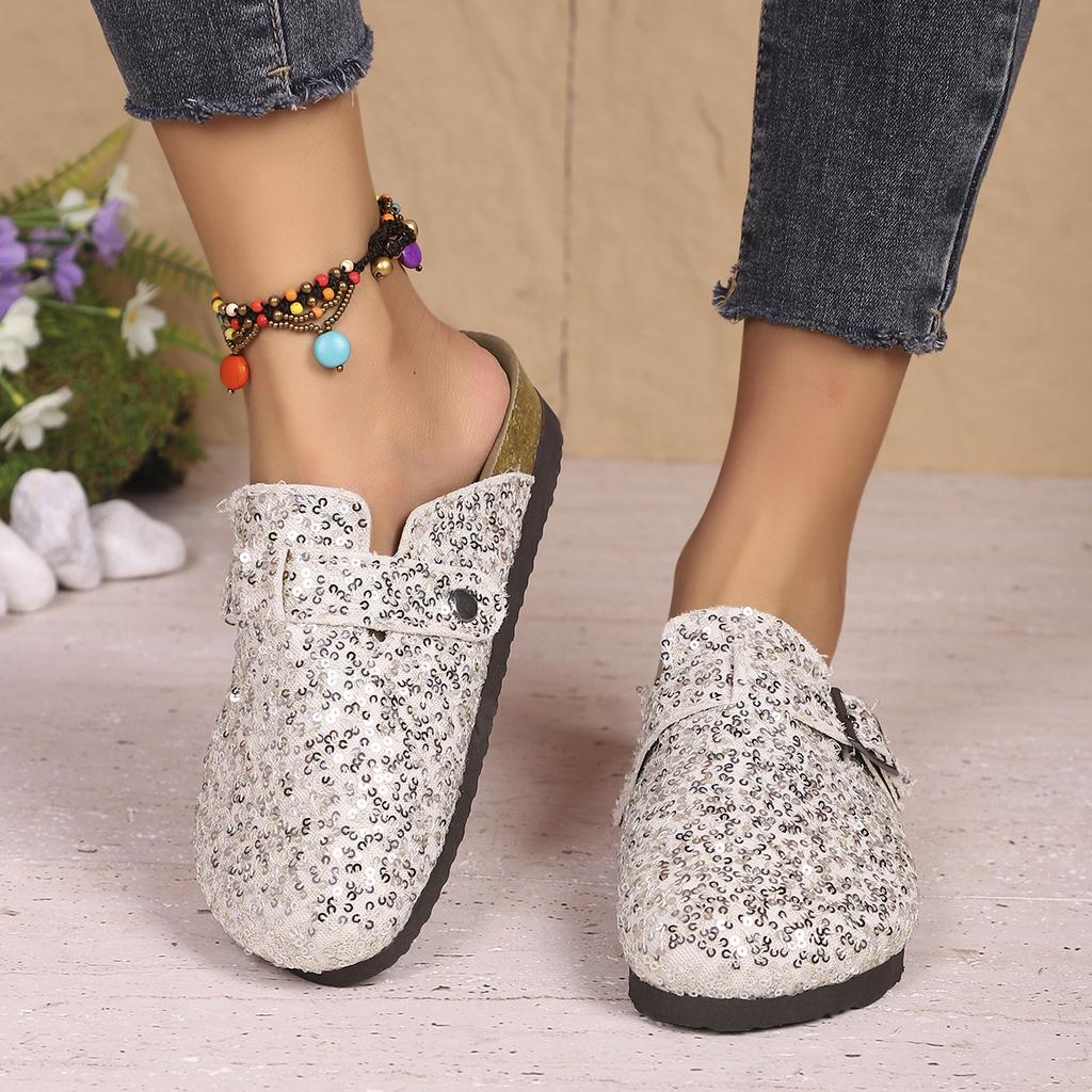 2025 New Women Slippers Casual Non Slip Flat Sandals Spring Sequined Half Slippers with Cork Toe Comfortable Shoes Slides Women
