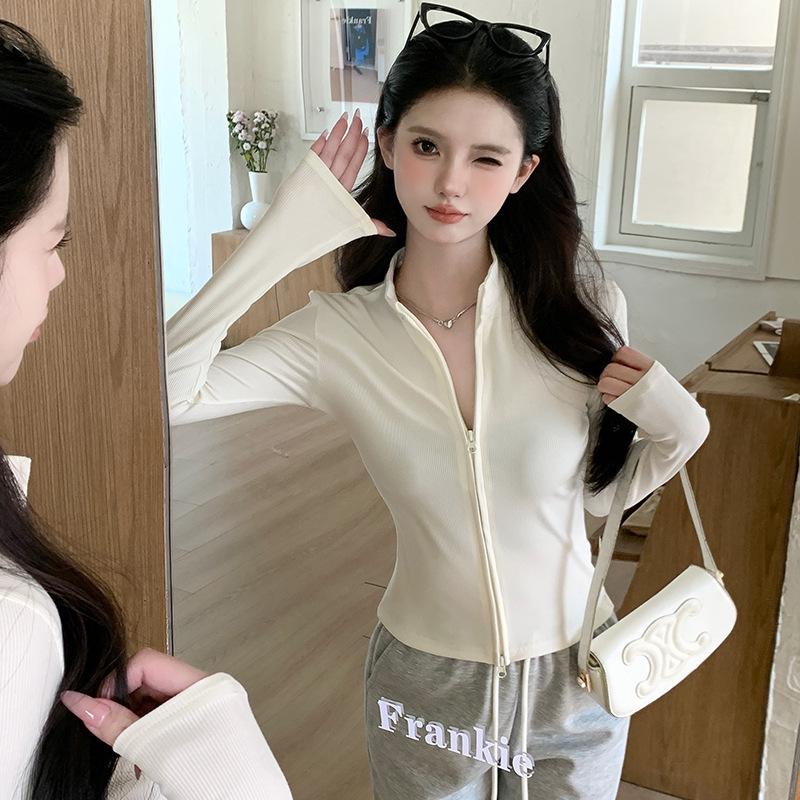 Women's Slimming Double Zipper Knitted Jacket with Stand Collar - Versatile Long Sleeve Cardigan for Spring and Autumn.