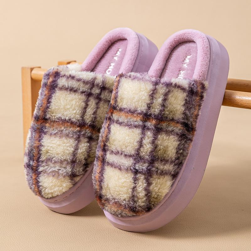 Thick-bottomed Cotton Slippers Autumn and Winter Indoor Home Fleece Warm Couple Three-color Splicing Plush Slippers