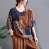 Women Linen V-neck Drawstring T-shirt Summer Thin Middle-aged Loose Printed Short Sleeve Casual Tops