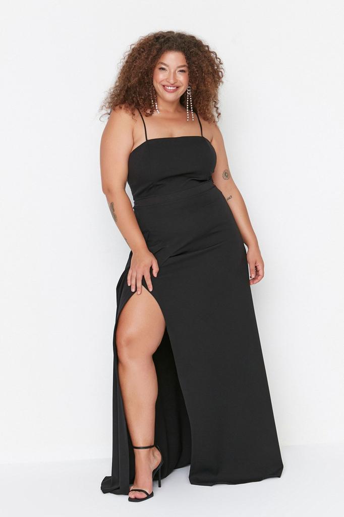 Women's Style Plus Size Black Woven Thin Strap Evening Dress