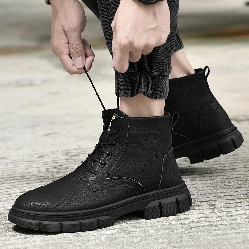 Men High Top Workwear Boots PU Low Heel Round Toe Lace Up Fashionable Classic Men Shoes