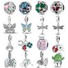 Plants Insects Charms Bead 925 Silver Butterfly Dragonfly Cactus Clover Dangle Pendant Bracelet DIY Jewelry