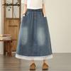 Korean Fashion Plus Size Spring Summer Women Denim Skirt High Waist Washed Cotton Blue Skirt Lace Patchwork Baggy Skirt With Pockets