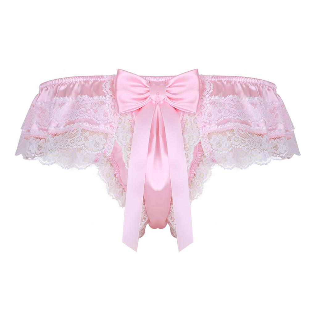 Men's Sissy Frilly Ruffled Lace Trim Crossdress Underwear G-String Thongs Briefs Panties