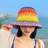 1PC Sun Protection Stylish Beach Sunscreen Panama Hat Handmade Crochet Straw Headwear Rainbow Color Sun Cap Bucket Hat
