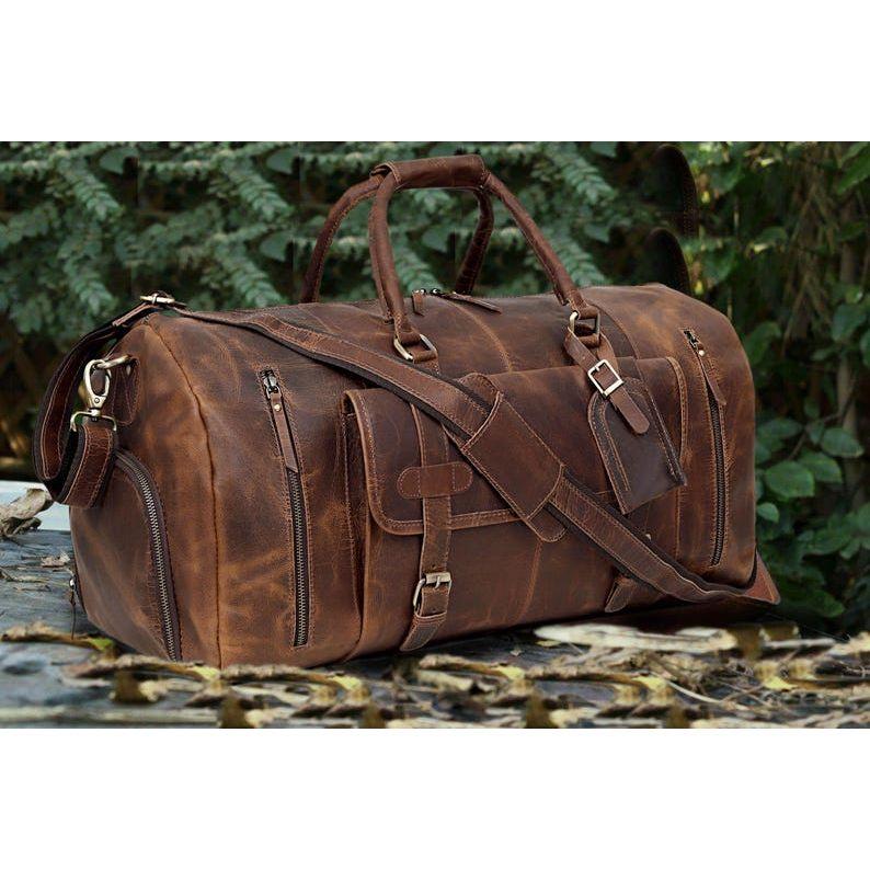 Personalized Brown Leather Duffel Bag Weekender Travel Bag Handmade Leather Duffel Luggage Bag with Shoe Compartment Carry On Overnight Bag