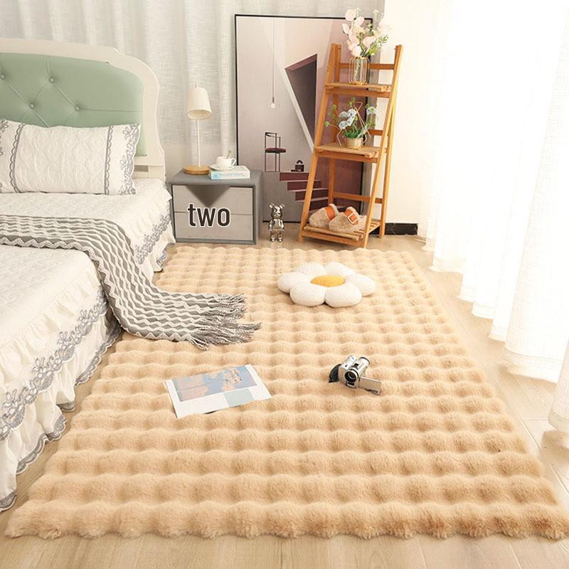 Cream Imitation Rabbit Fur Plush Rug: Bubble Plush Floor Mat for Bedroom, Bedside, Living Room, Bay Window Cushion, Blanket