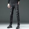 Black Jeans Men's Autumn High-end Trend Embroidery Printing Slim Spring and Autumn Models Small Foot Jeans Trousers